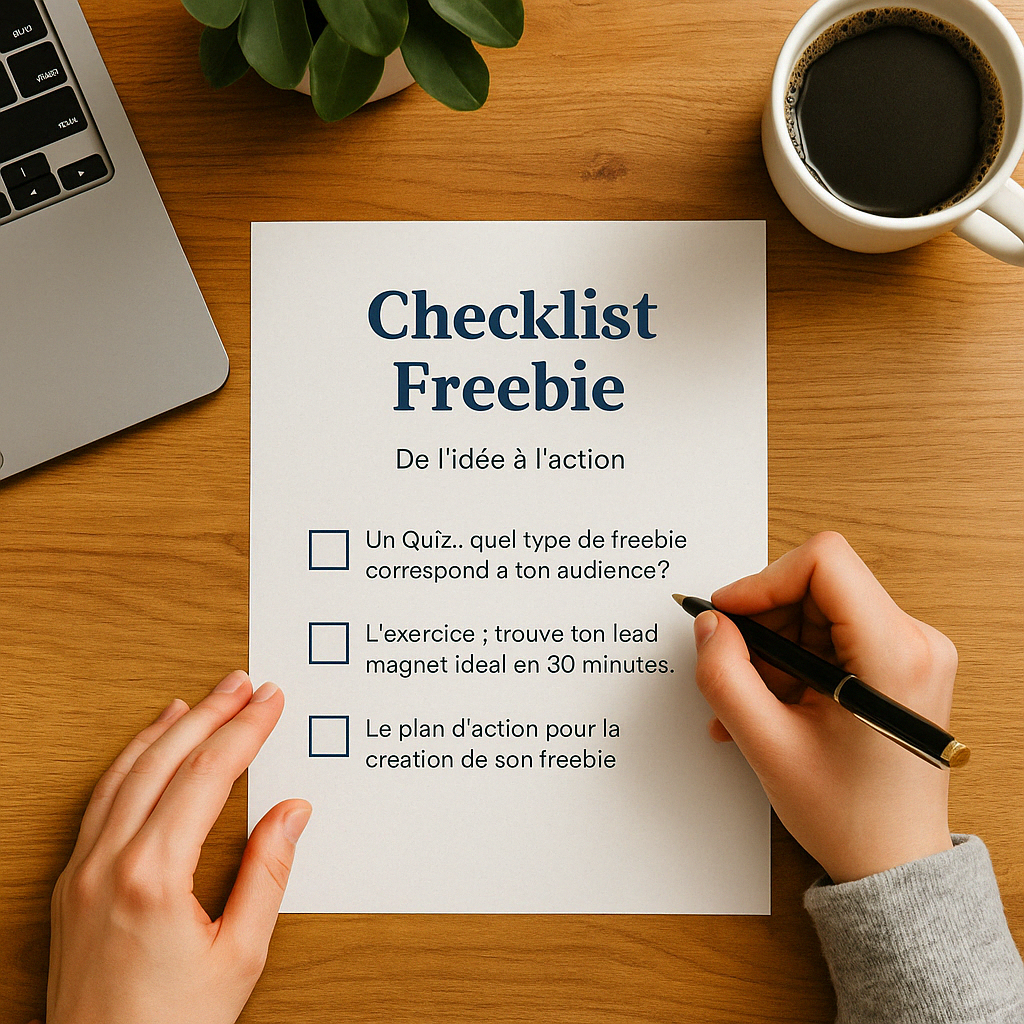 Vue de dessus d’un bureau avec ordinateur portable, carnet, café et lunettes, représentant la planification d’un freebie digital efficace.